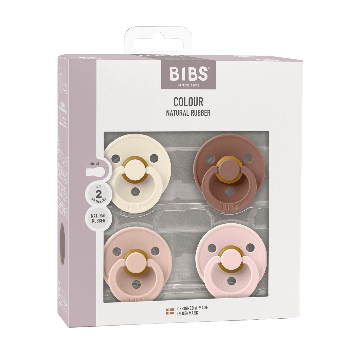 BIBS Colour 4 pack. Suttehoved str. 2 i Latex Farver: Ivory / Blush / Woodchuck / Blossom