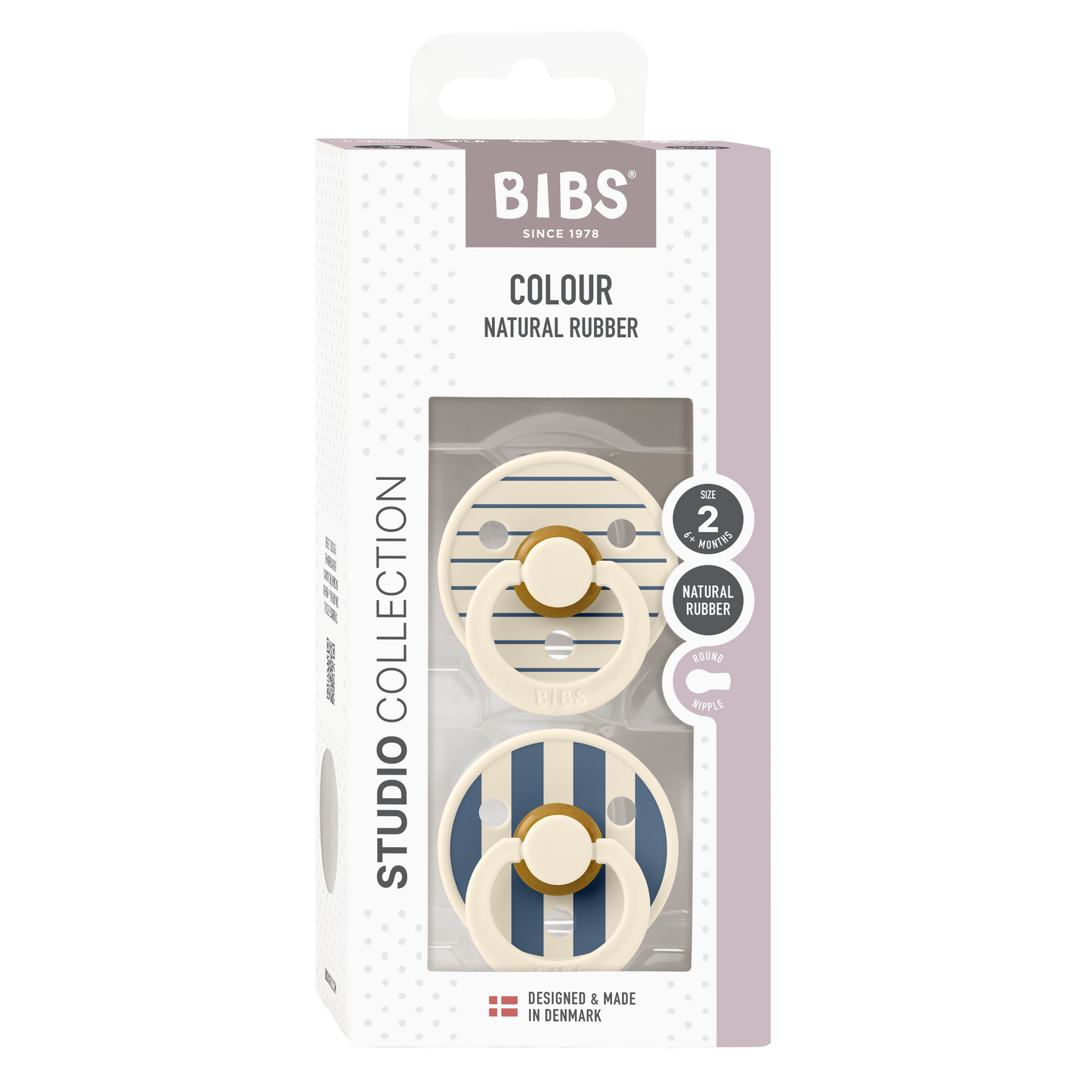 BIBS colour. Studio collection 2pack. Rundt suttehoved i latex Str. 2 Ivory steel/blue mix