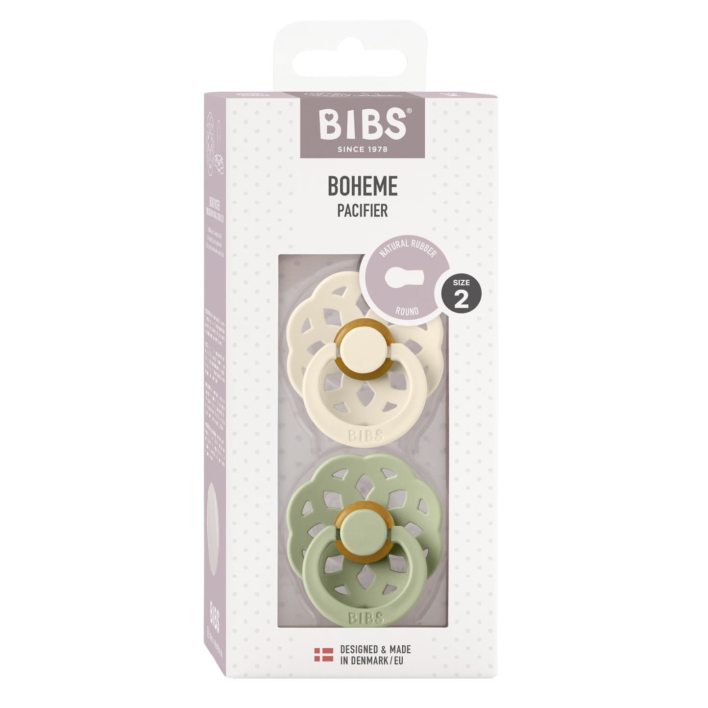 BIBS Boheme Suttehoved str. 2 i Latex. 2 pack. Farve Ivory/Sage