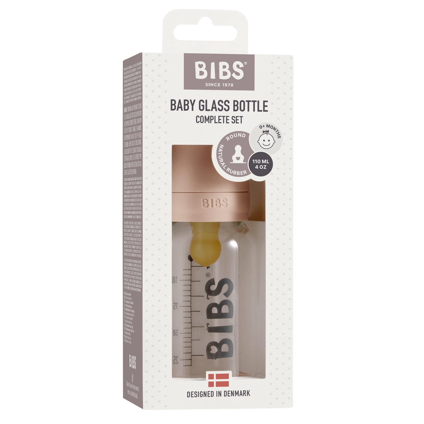 BIBS glas-sutteflaske med  Latexsut 110ml/ blush